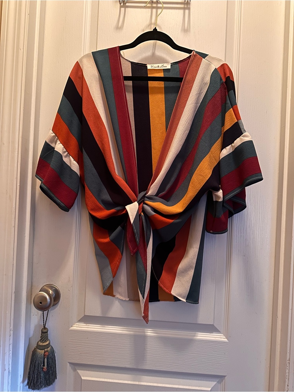 Vine & Love Striped Tie-Front Crop Top — Rust, Teal, Mustard, Navy, Cream